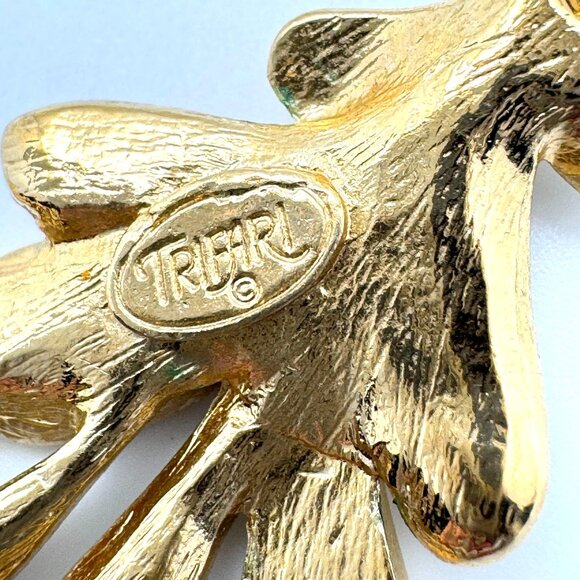 Trifari Gold-Tone Necklace Clip-On Earrings Vtg Cream Grey Green Enamel Leaf - Picture 6 of 12